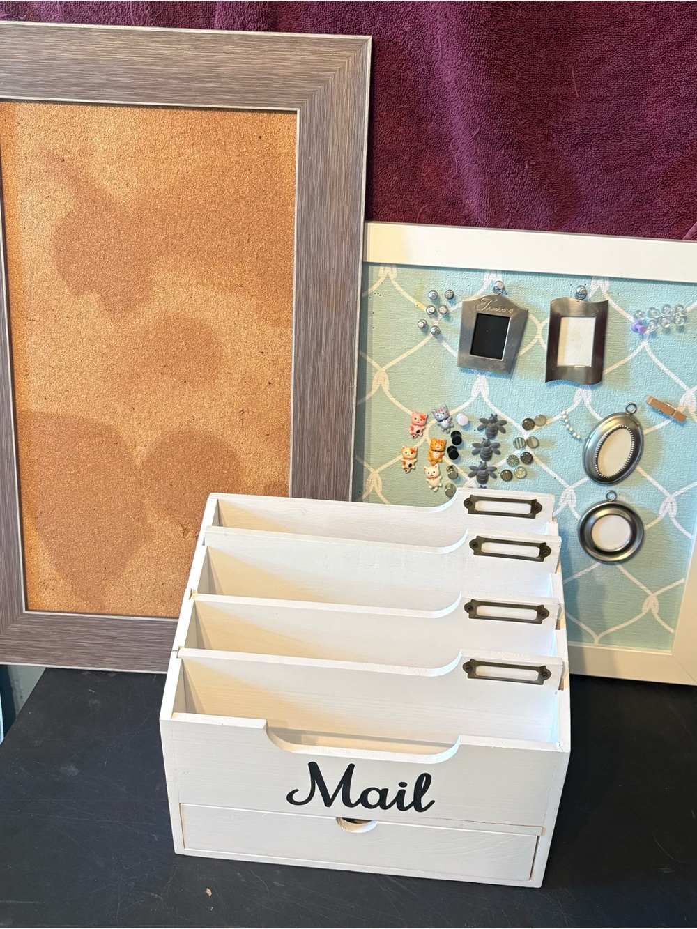 White wooden rustic mail organizer w/2 cork boards random push pins bundle